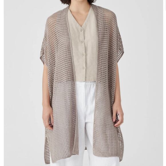 Eileen Fisher Organic Linen Délavé Long Cardigan Crochet Stitch Size L/XL NWT - Picture 8 of 9